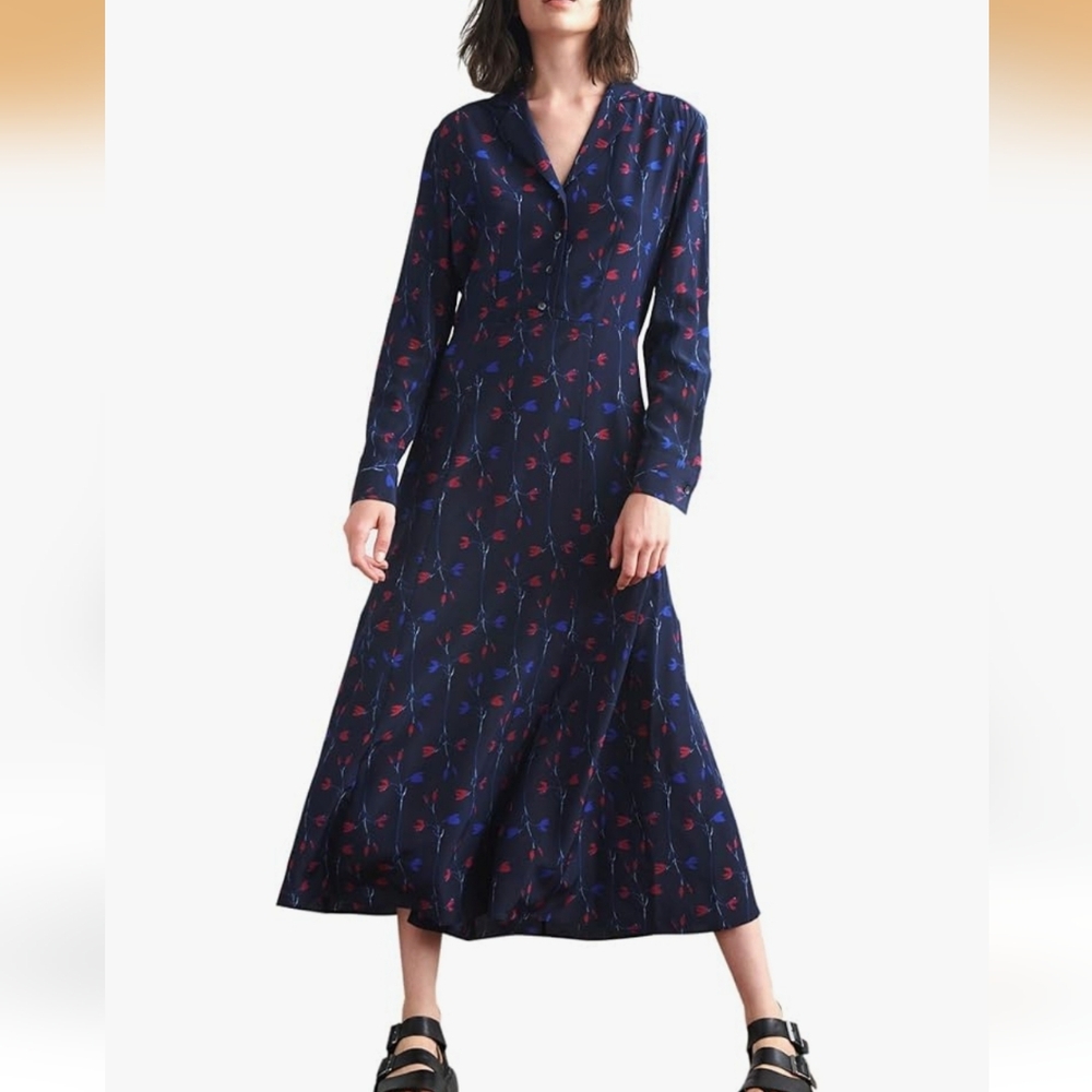 Thakoon Midnight Floral Midi Dress in Navy with Red & Blue Accents